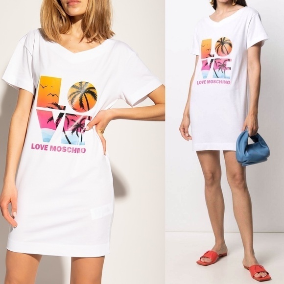 Love Moschino Dresses & Skirts - LOVE MOSCHINO White Cotton Palm Tree Print Crewneck T-Shirt Dress US 4